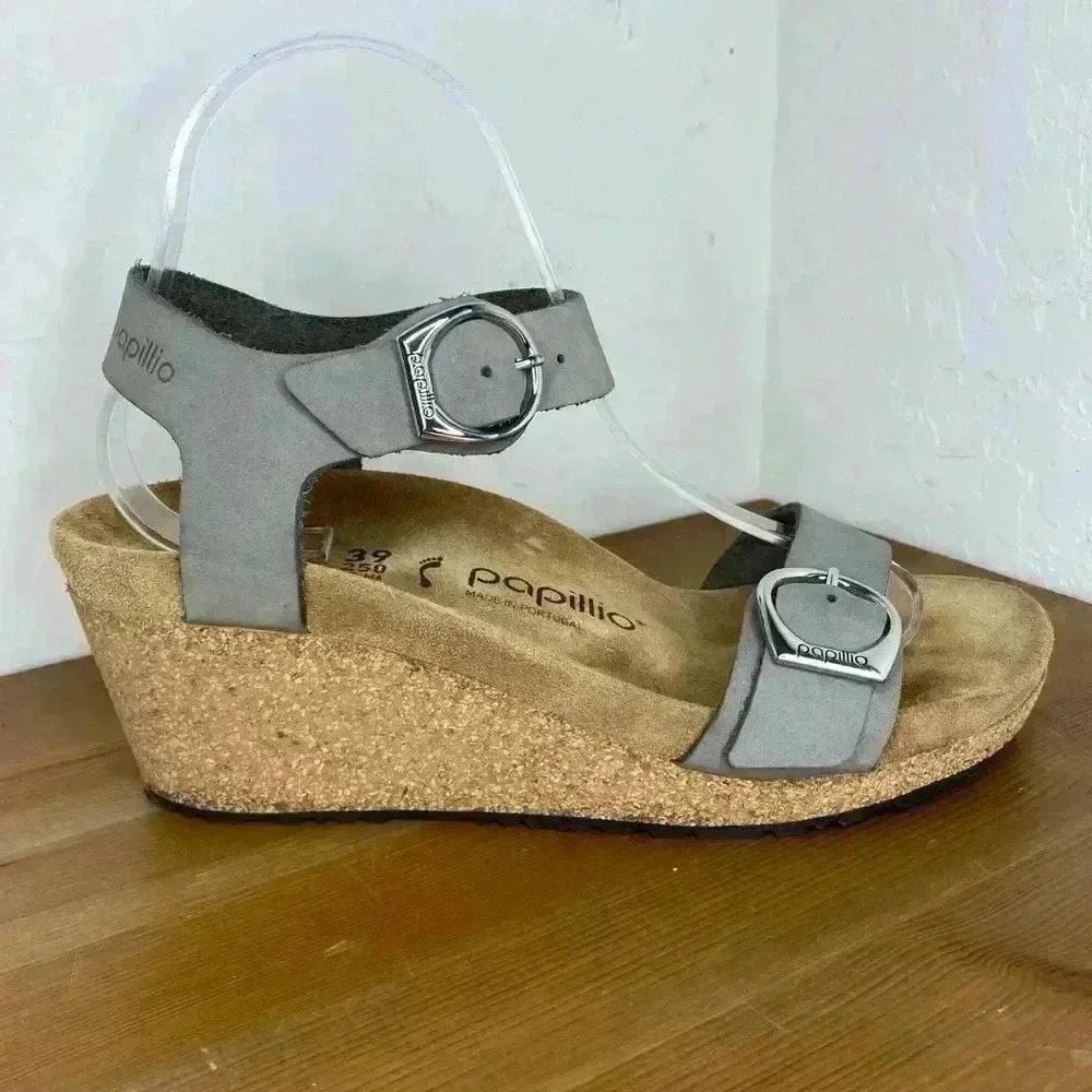 NEW Birkenstock Papillio Soley Nubuck Dove Gray Leather Wedge Sandals EU39 US8